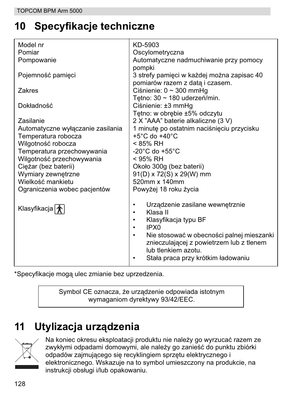 10 specyfikacje techniczne, 11 utylizacja urządzenia | Topcom BPM ARM 5000 User Manual | Page 128 / 160