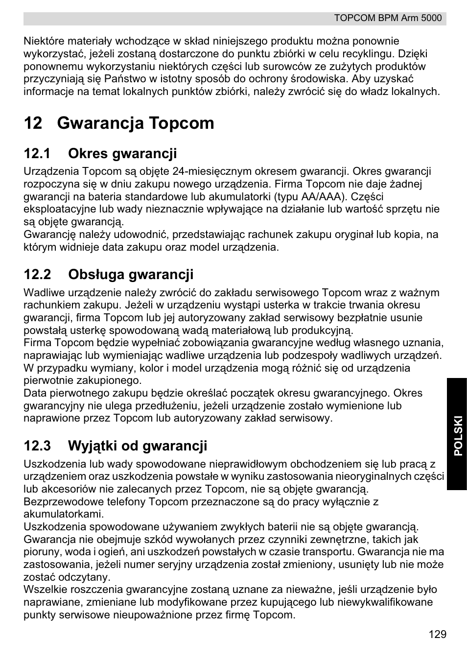 12 gwarancja topcom | Topcom BPM ARM 5000 User Manual | Page 129 / 160