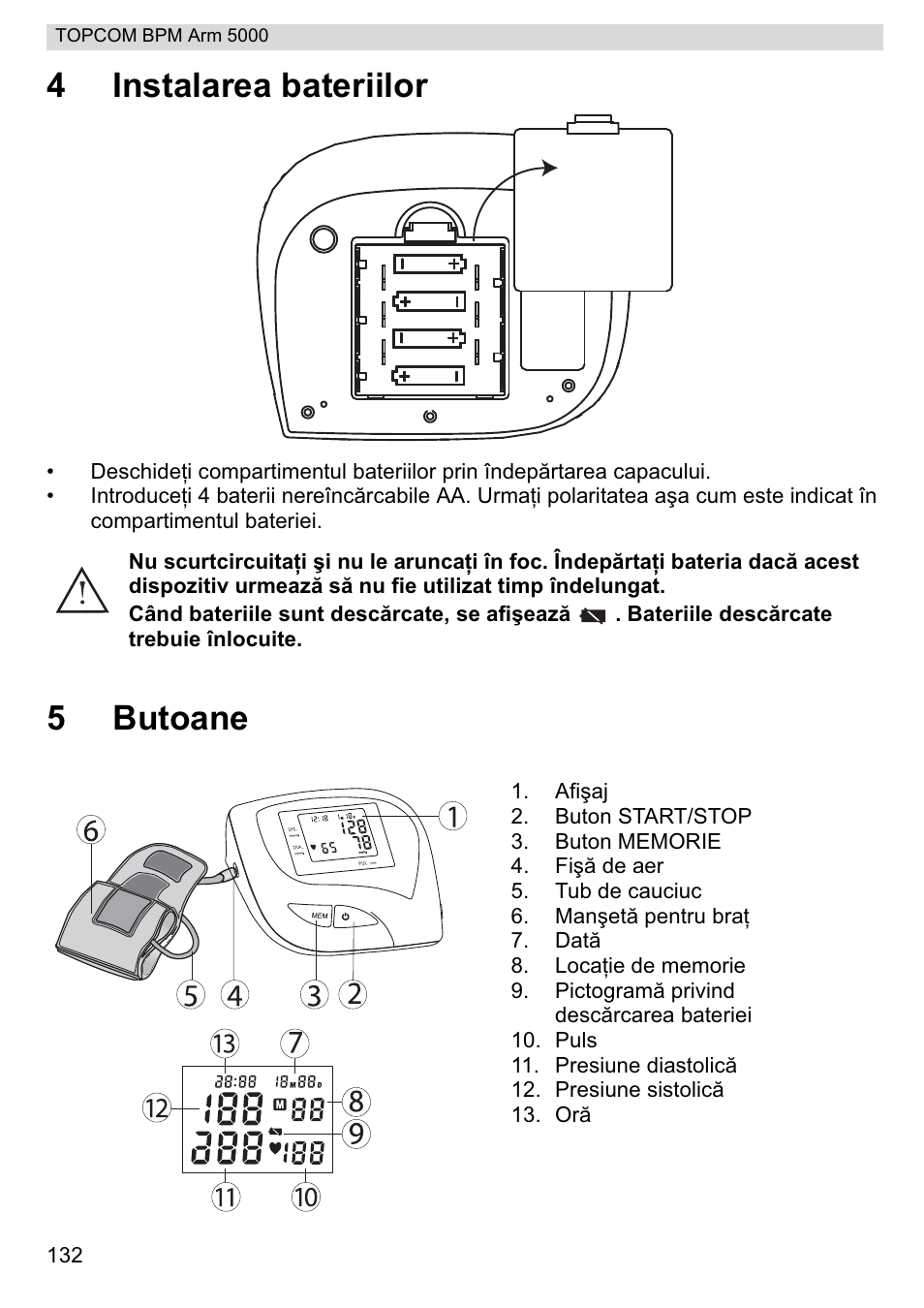 4instalarea bateriilor, 5butoane | Topcom BPM ARM 5000 User Manual | Page 132 / 160