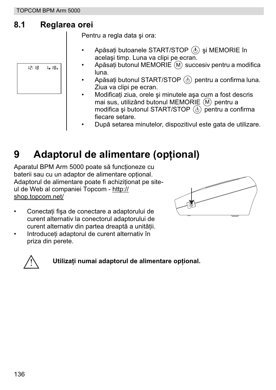 9adaptorul de alimentare (opġional), 1 reglarea orei | Topcom BPM ARM 5000 User Manual | Page 136 / 160