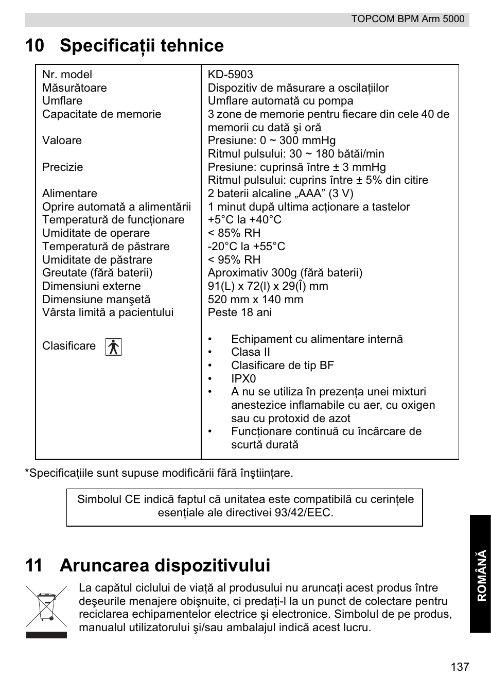 10 specificaġii tehnice, 11 aruncarea dispozitivului | Topcom BPM ARM 5000 User Manual | Page 137 / 160