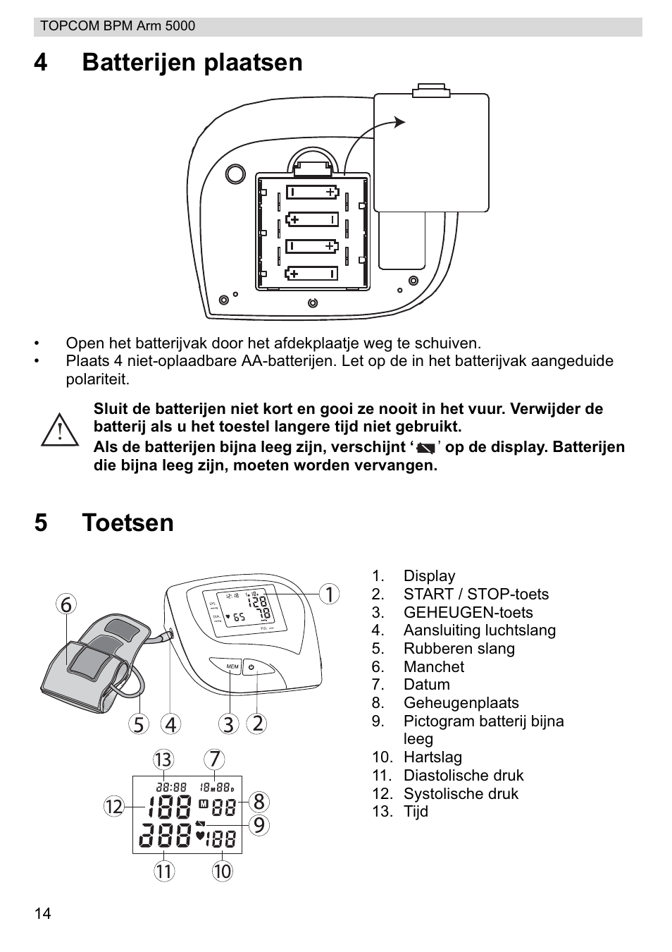 4batterijen plaatsen, 5toetsen | Topcom BPM ARM 5000 User Manual | Page 14 / 160