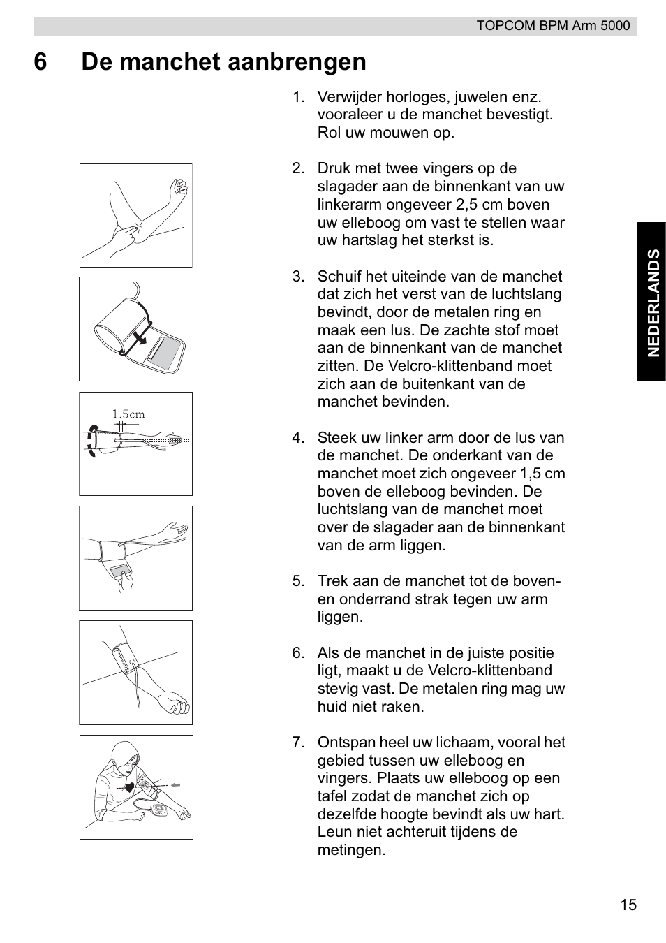 6de manchet aanbrengen | Topcom BPM ARM 5000 User Manual | Page 15 / 160