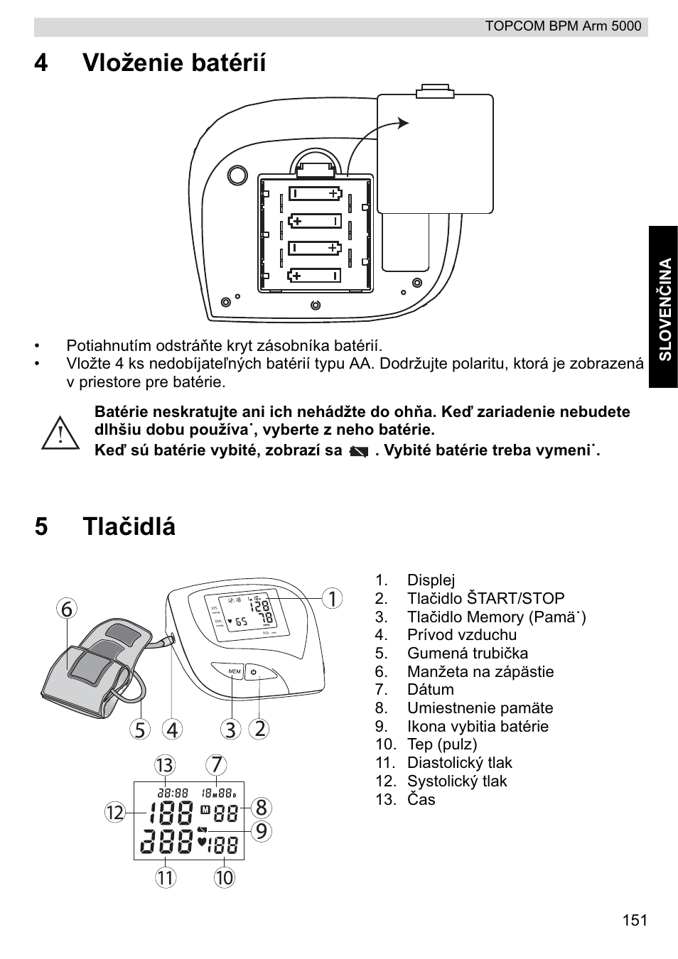 4vloženie batérií, 5tlaþidlá | Topcom BPM ARM 5000 User Manual | Page 151 / 160