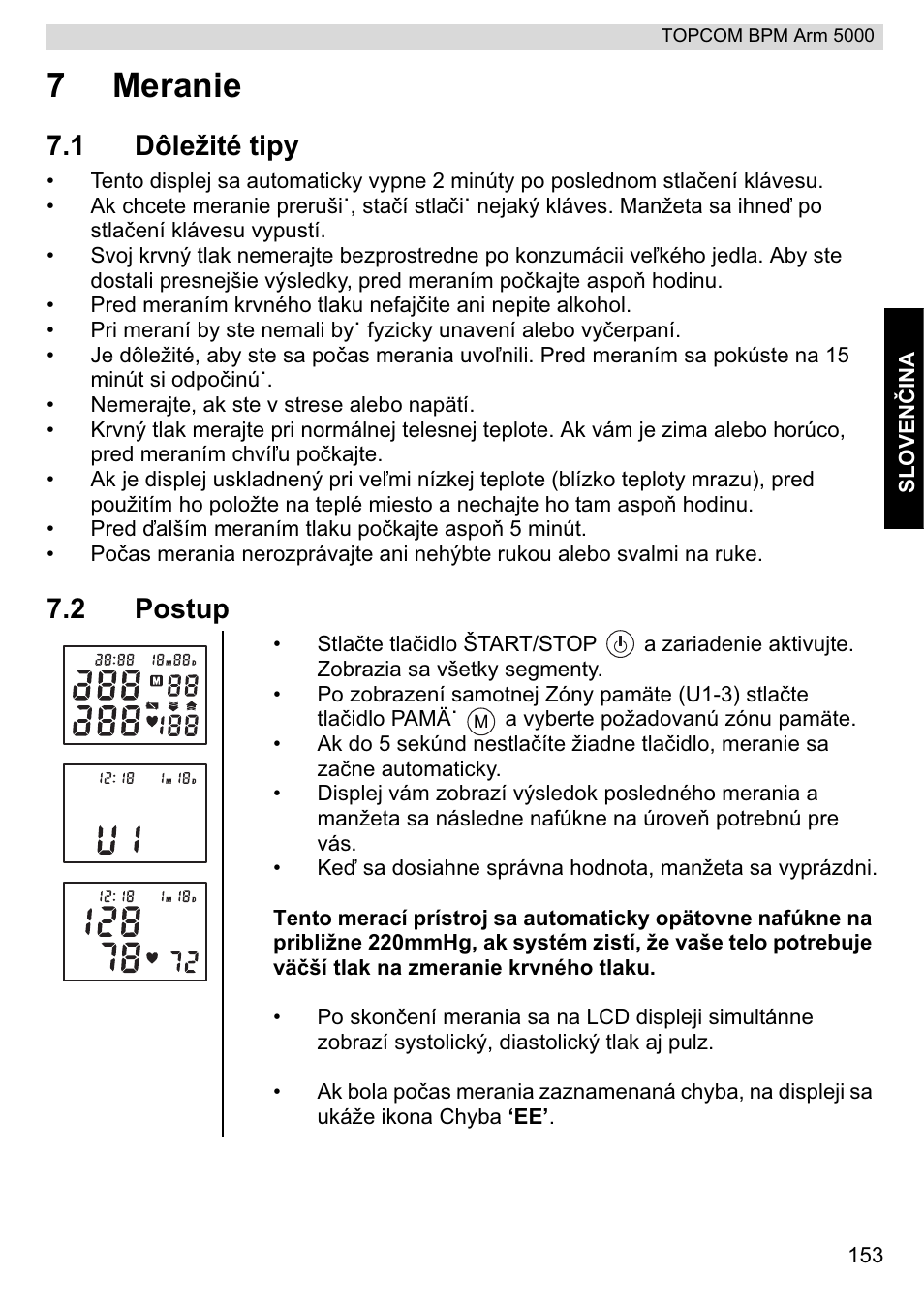 7meranie, 1 dôležité tipy, 2 postup | Topcom BPM ARM 5000 User Manual | Page 153 / 160