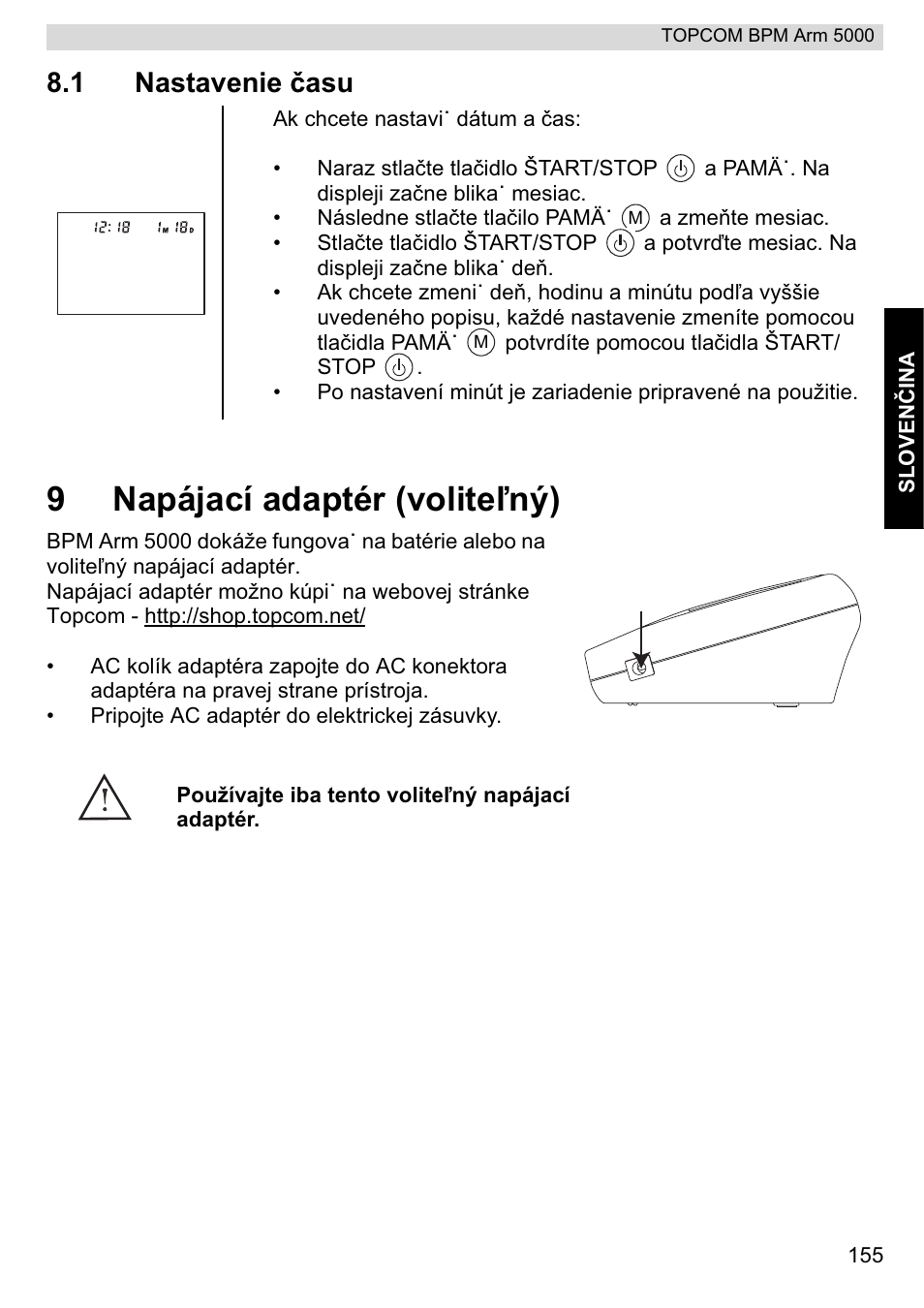 9napájací adaptér (voliteđný), 1 nastavenie þasu | Topcom BPM ARM 5000 User Manual | Page 155 / 160