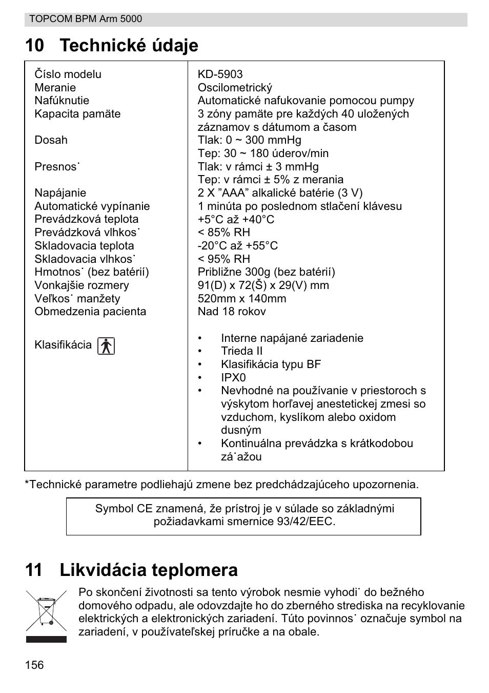 10 technické údaje, 11 likvidácia teplomera | Topcom BPM ARM 5000 User Manual | Page 156 / 160