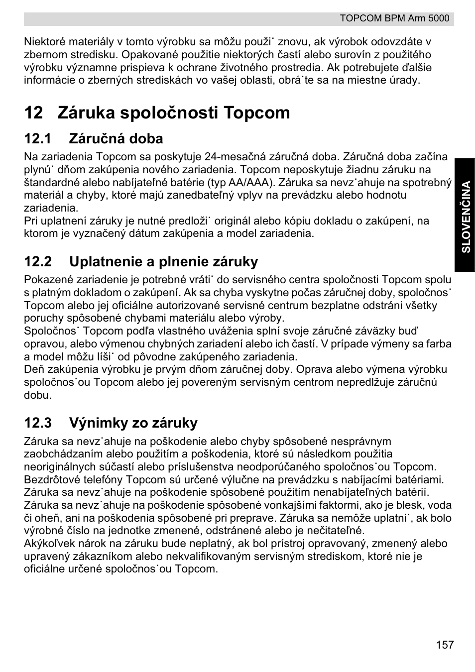 12 záruka spoloþnosti topcom | Topcom BPM ARM 5000 User Manual | Page 157 / 160