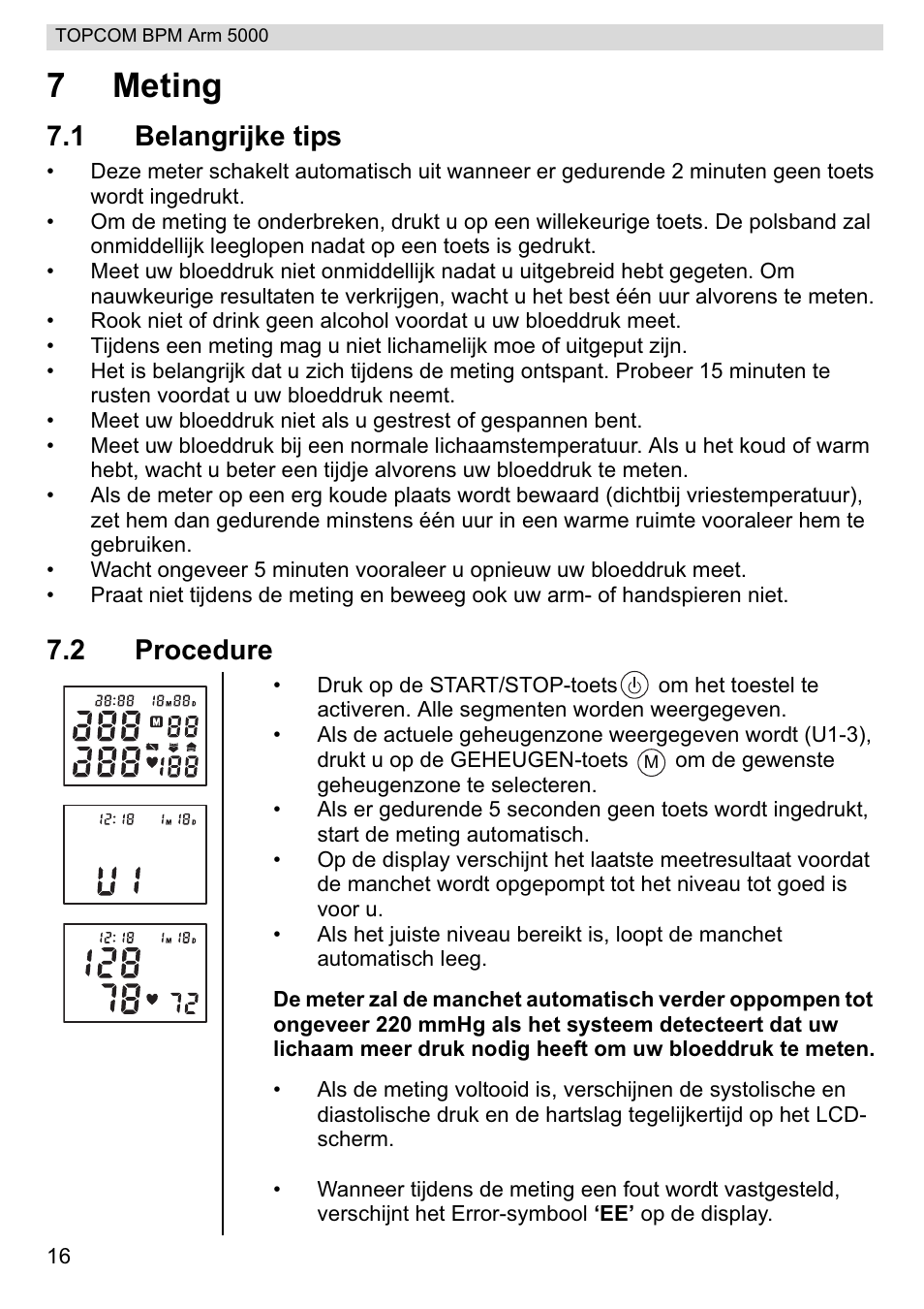 7meting, 1 belangrijke tips, 2 procedure | Topcom BPM ARM 5000 User Manual | Page 16 / 160