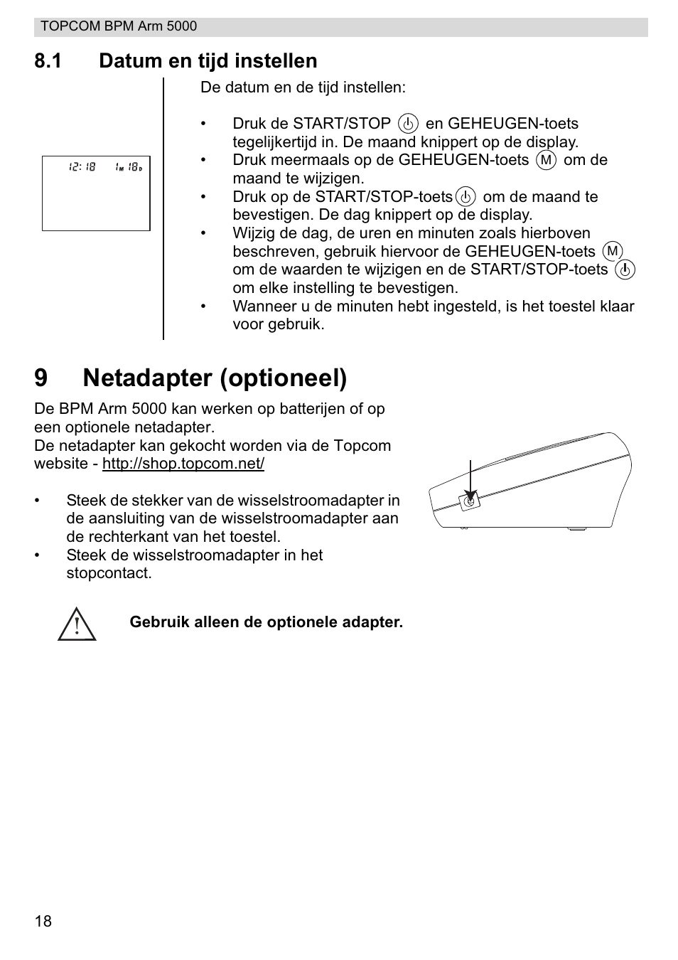 9netadapter (optioneel), 1 datum en tijd instellen | Topcom BPM ARM 5000 User Manual | Page 18 / 160