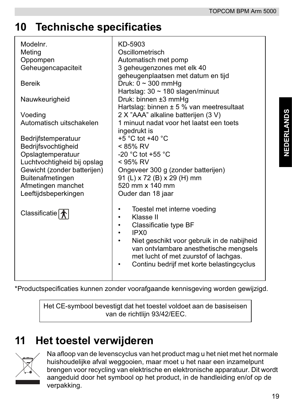10 technische specificaties, 11 het toestel verwijderen | Topcom BPM ARM 5000 User Manual | Page 19 / 160