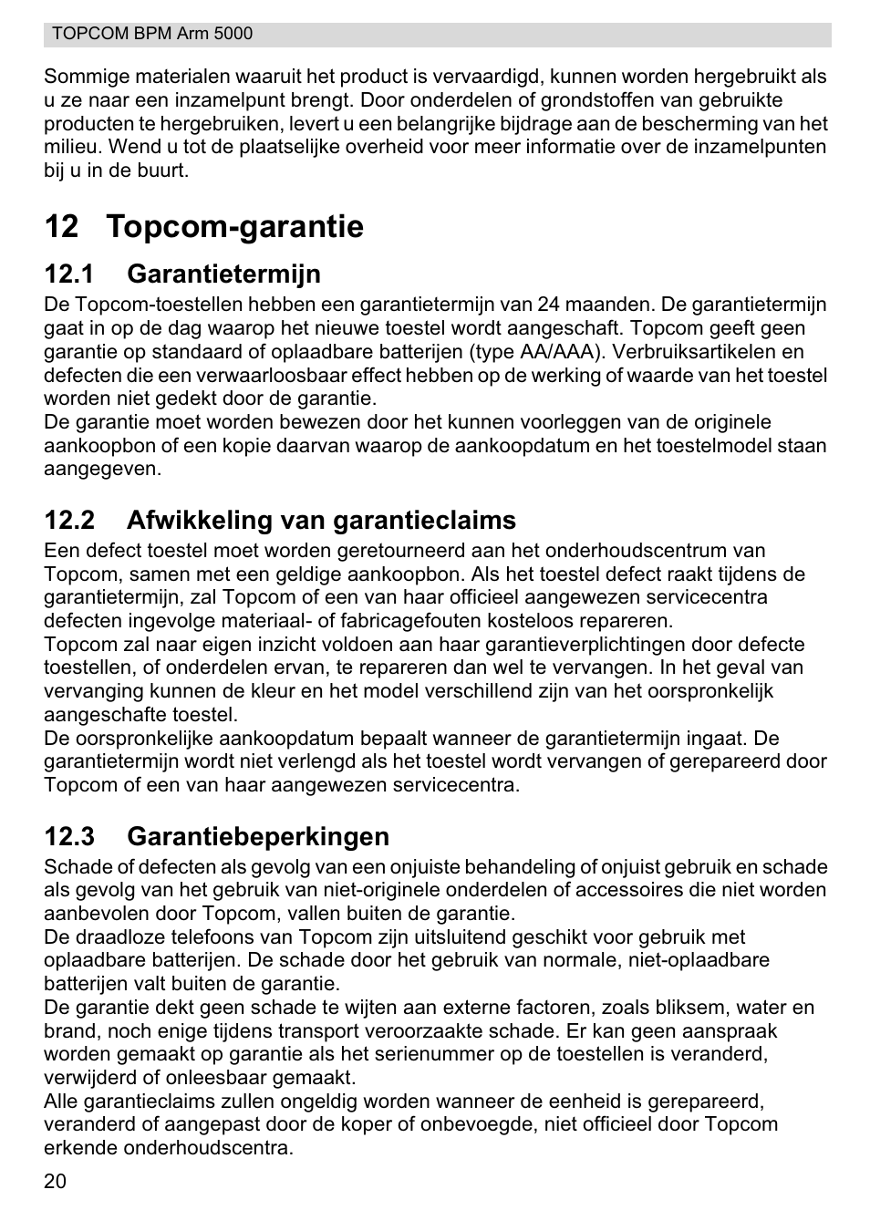 12 topcom-garantie | Topcom BPM ARM 5000 User Manual | Page 20 / 160