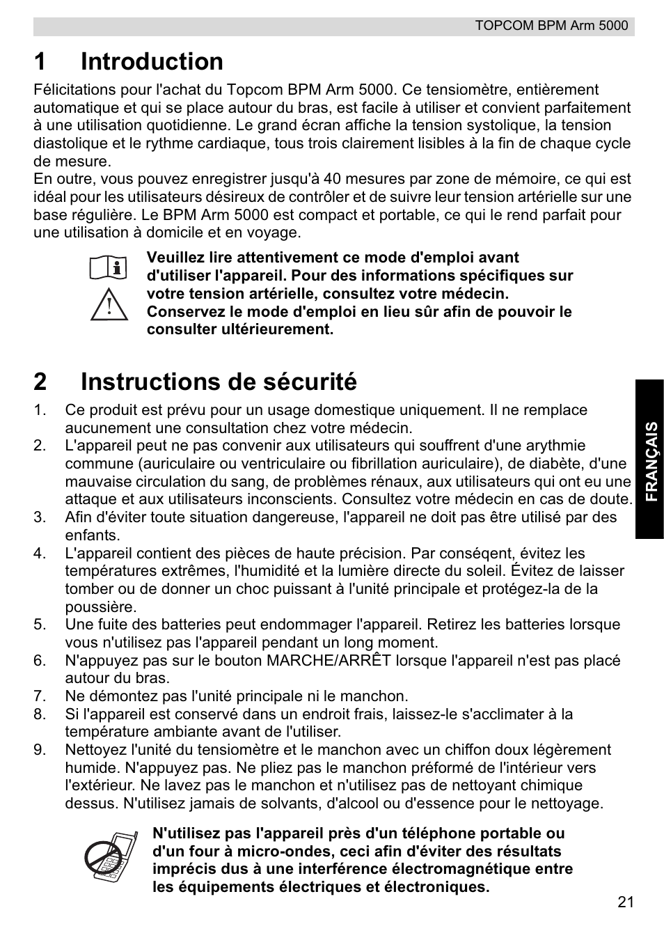 1introduction, 2instructions de sécurité | Topcom BPM ARM 5000 User Manual | Page 21 / 160