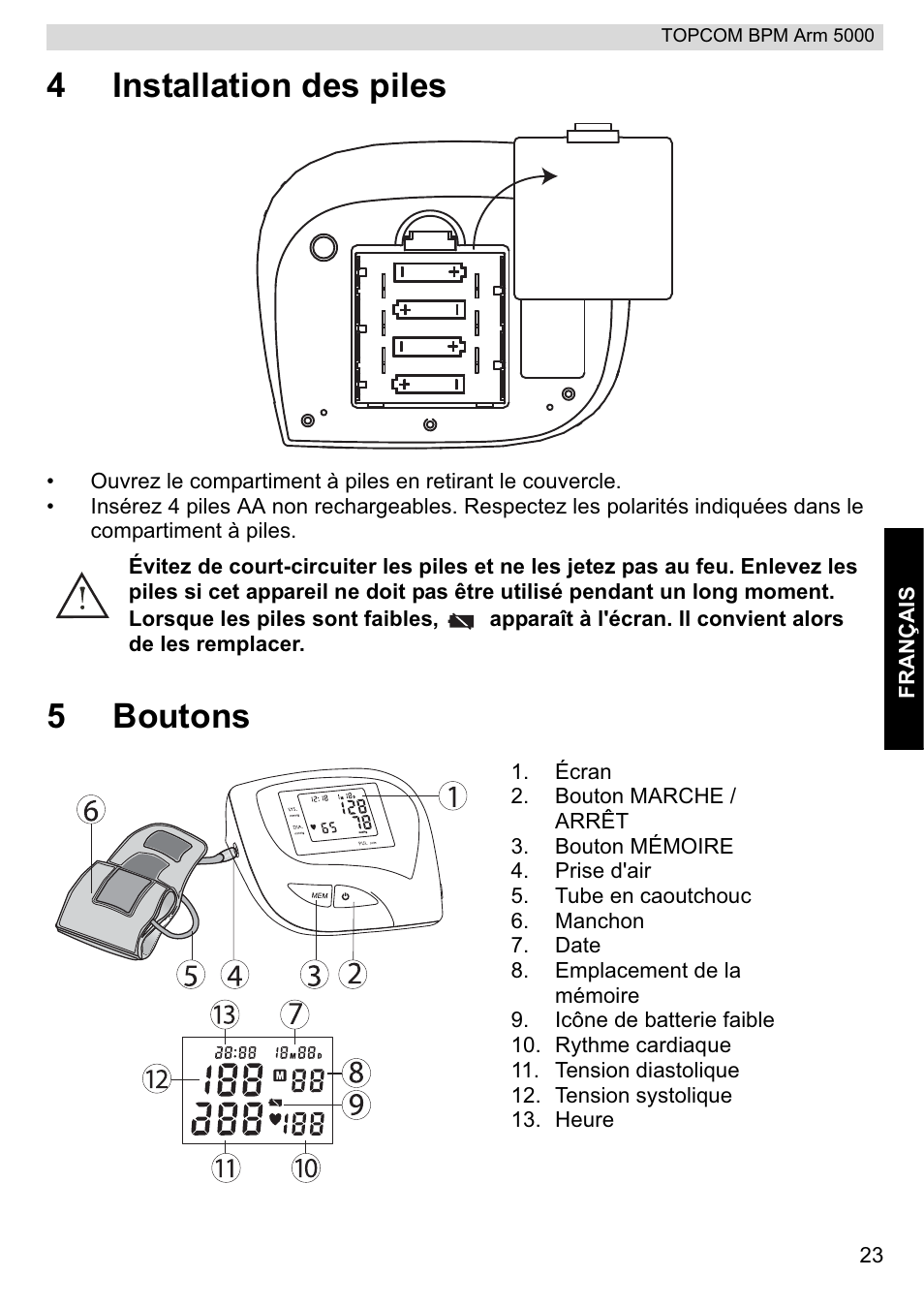 4installation des piles, 5boutons | Topcom BPM ARM 5000 User Manual | Page 23 / 160