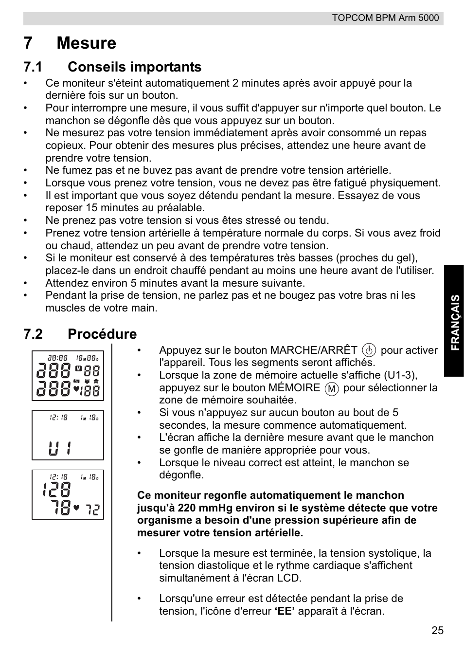 7mesure, 1 conseils importants, 2 procédure | Topcom BPM ARM 5000 User Manual | Page 25 / 160