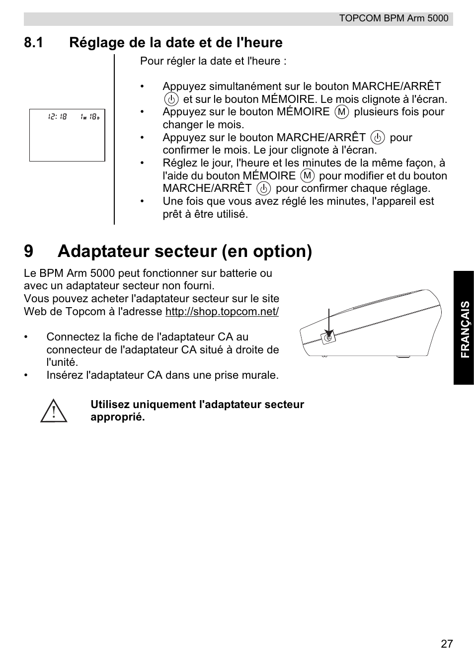 9adaptateur secteur (en option), 1 réglage de la date et de l'heure | Topcom BPM ARM 5000 User Manual | Page 27 / 160