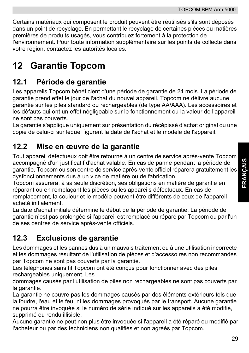 12 garantie topcom | Topcom BPM ARM 5000 User Manual | Page 29 / 160