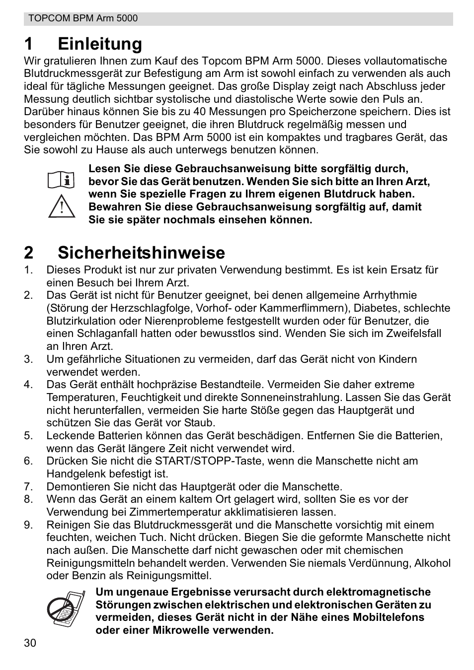 1einleitung, 2sicherheitshinweise | Topcom BPM ARM 5000 User Manual | Page 30 / 160