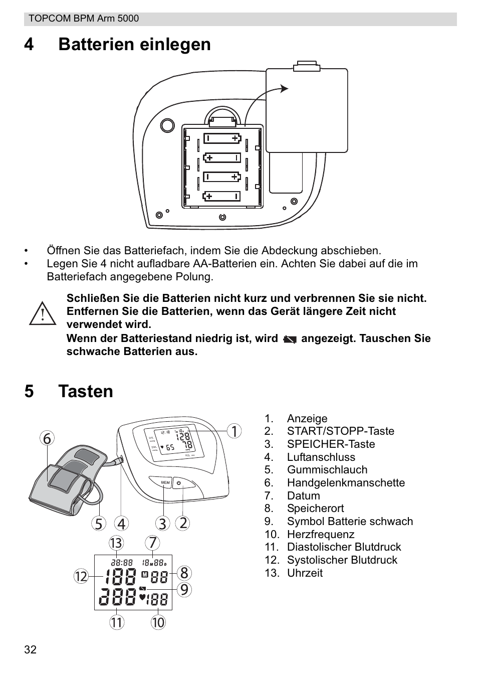 4batterien einlegen, 5tasten | Topcom BPM ARM 5000 User Manual | Page 32 / 160