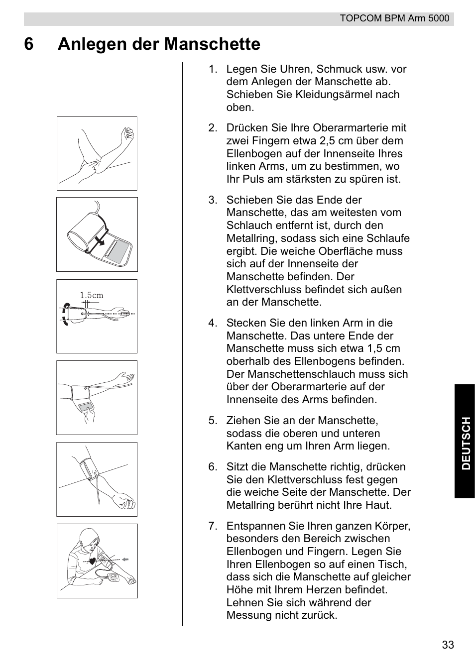 6anlegen der manschette | Topcom BPM ARM 5000 User Manual | Page 33 / 160