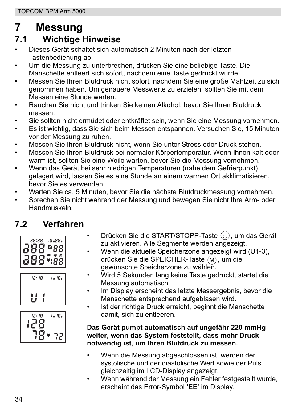 7messung, 1 wichtige hinweise, 2 verfahren | Topcom BPM ARM 5000 User Manual | Page 34 / 160