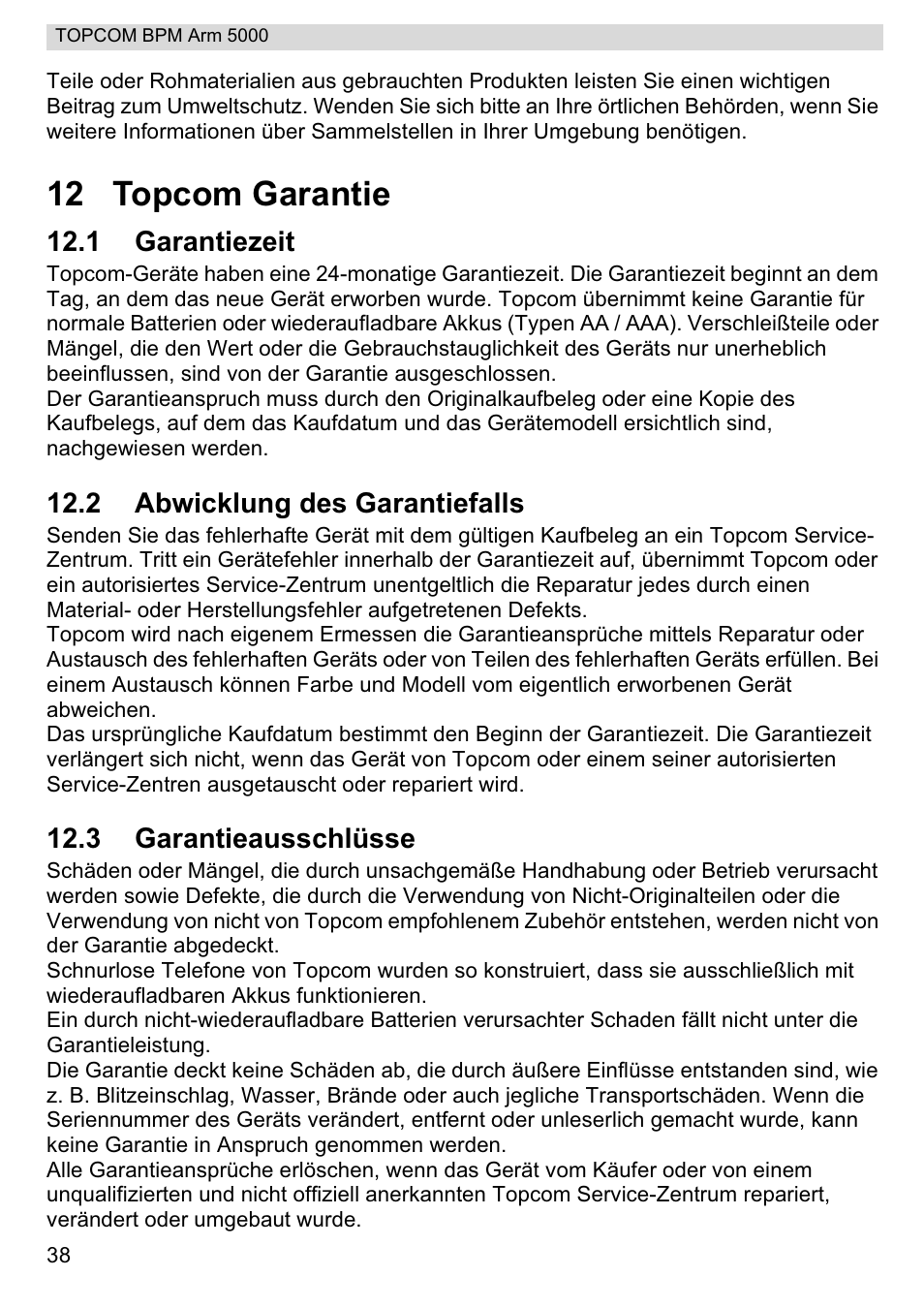 12 topcom garantie | Topcom BPM ARM 5000 User Manual | Page 38 / 160