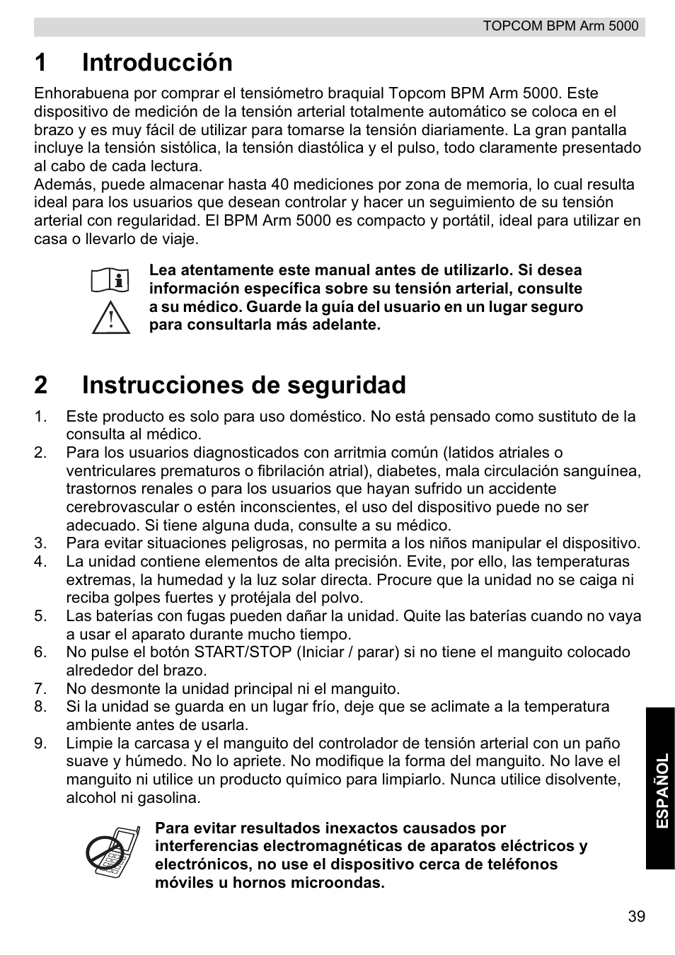 1introducción, 2instrucciones de seguridad | Topcom BPM ARM 5000 User Manual | Page 39 / 160