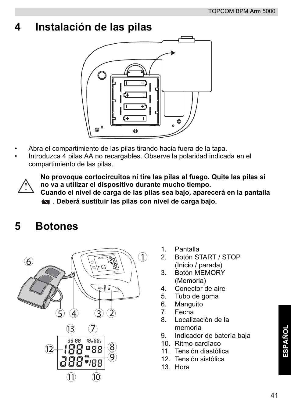 4instalación de las pilas, 5botones | Topcom BPM ARM 5000 User Manual | Page 41 / 160