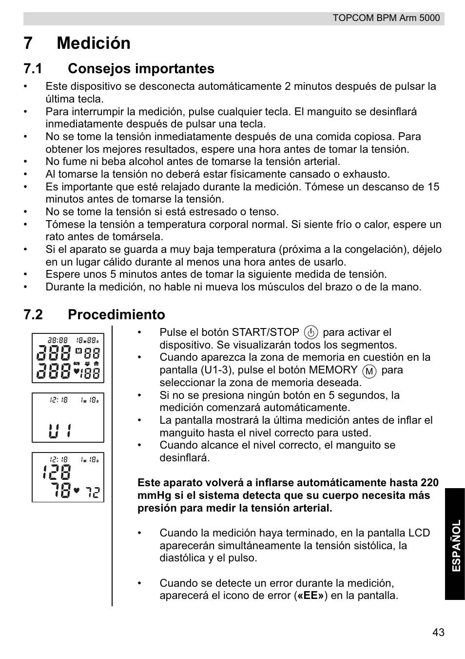 7medición, 1 consejos importantes, 2 procedimiento | Topcom BPM ARM 5000 User Manual | Page 43 / 160