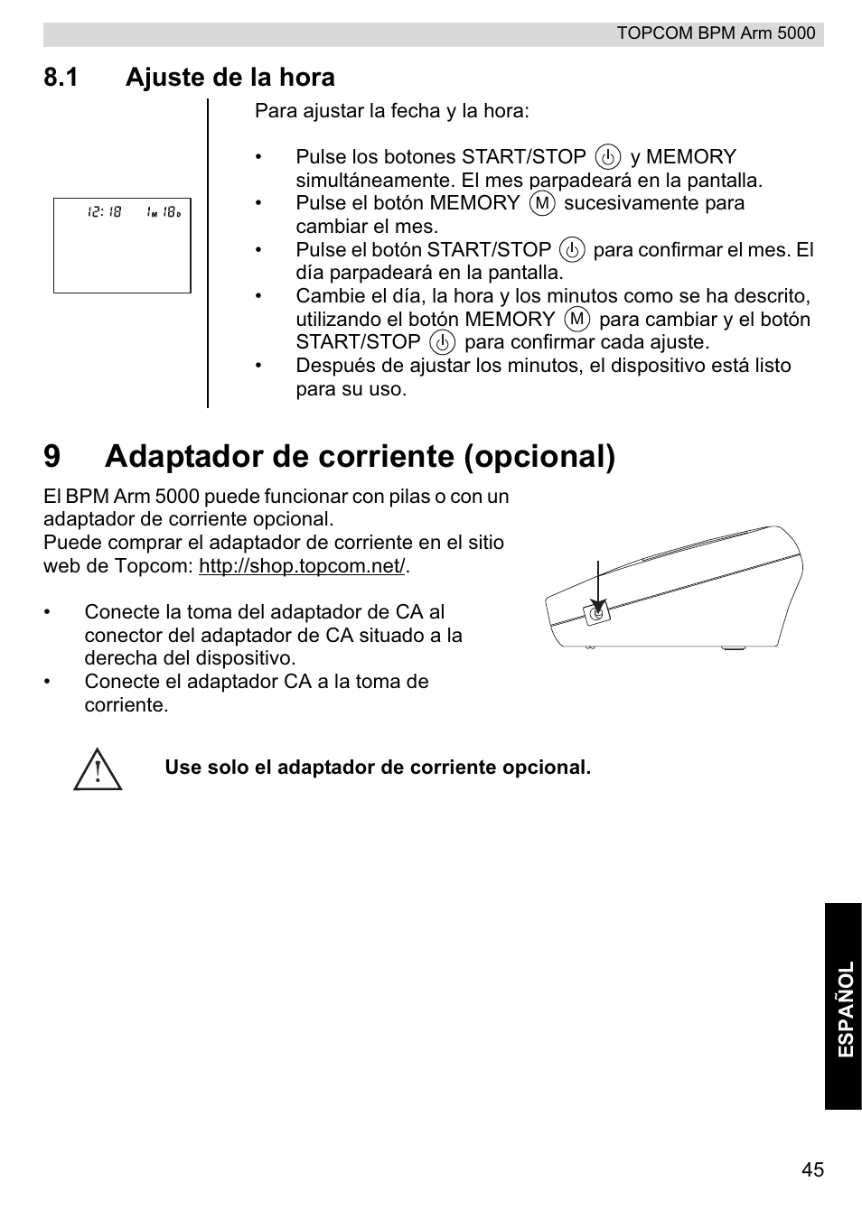 9adaptador de corriente (opcional), 1 ajuste de la hora | Topcom BPM ARM 5000 User Manual | Page 45 / 160