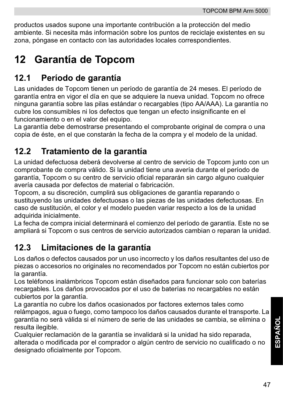 12 garantía de topcom | Topcom BPM ARM 5000 User Manual | Page 47 / 160