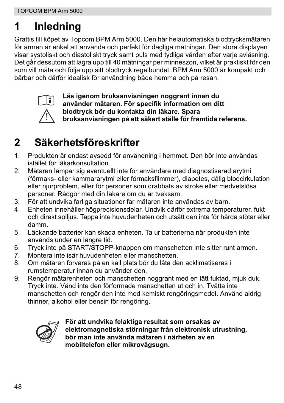 1inledning, 2säkerhetsföreskrifter | Topcom BPM ARM 5000 User Manual | Page 48 / 160