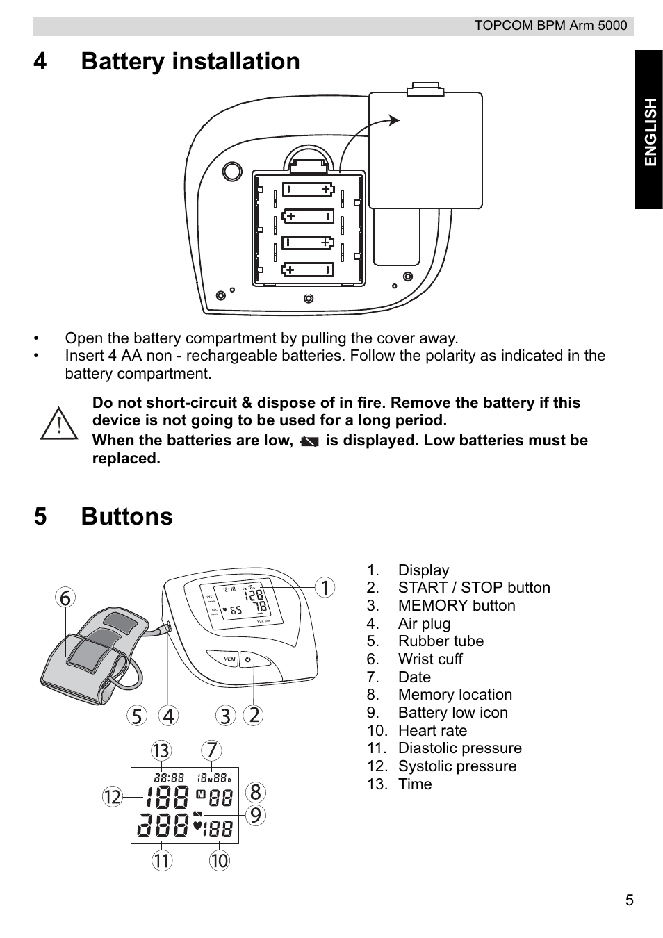 4battery installation, 5buttons | Topcom BPM ARM 5000 User Manual | Page 5 / 160