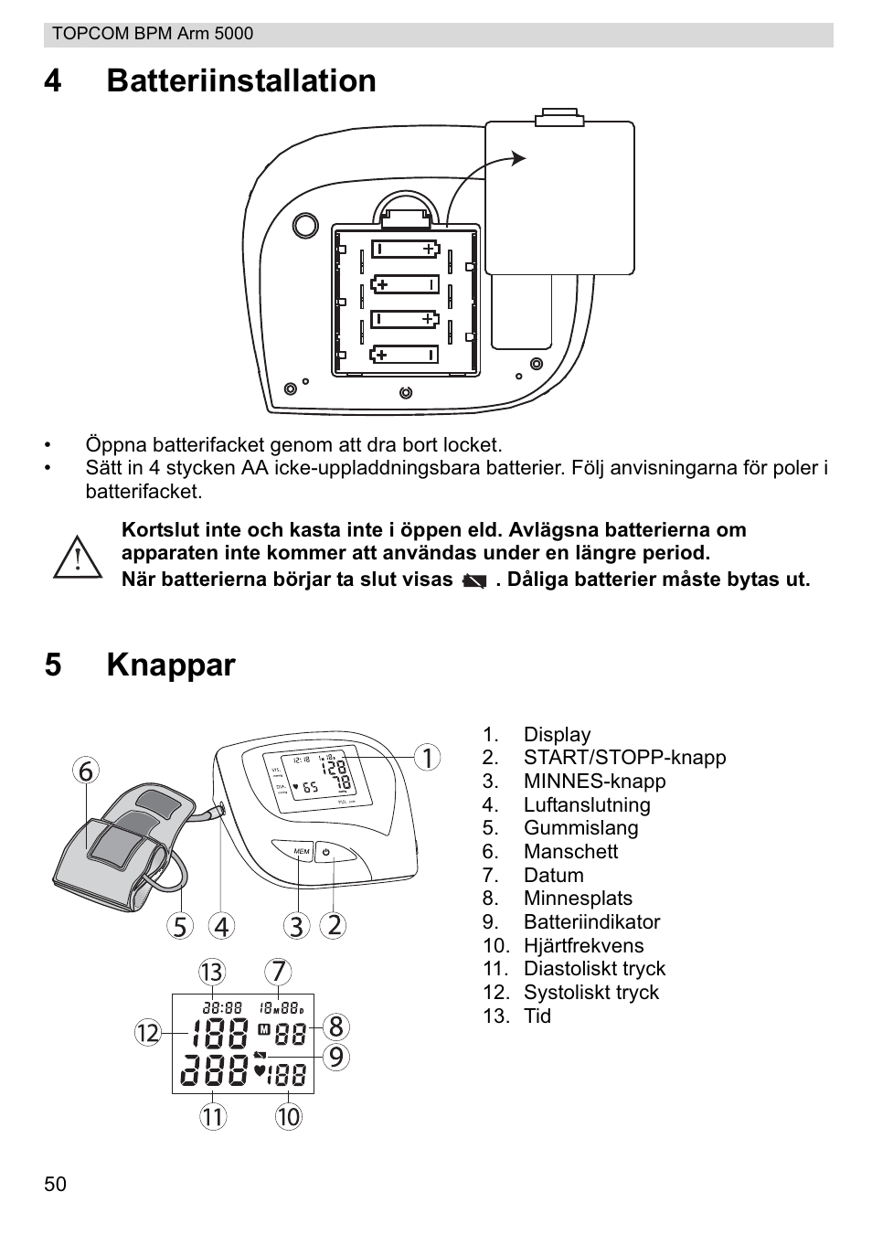 4batteriinstallation, 5knappar | Topcom BPM ARM 5000 User Manual | Page 50 / 160