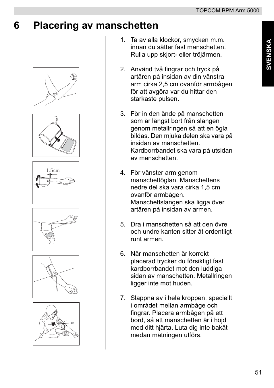 6placering av manschetten | Topcom BPM ARM 5000 User Manual | Page 51 / 160