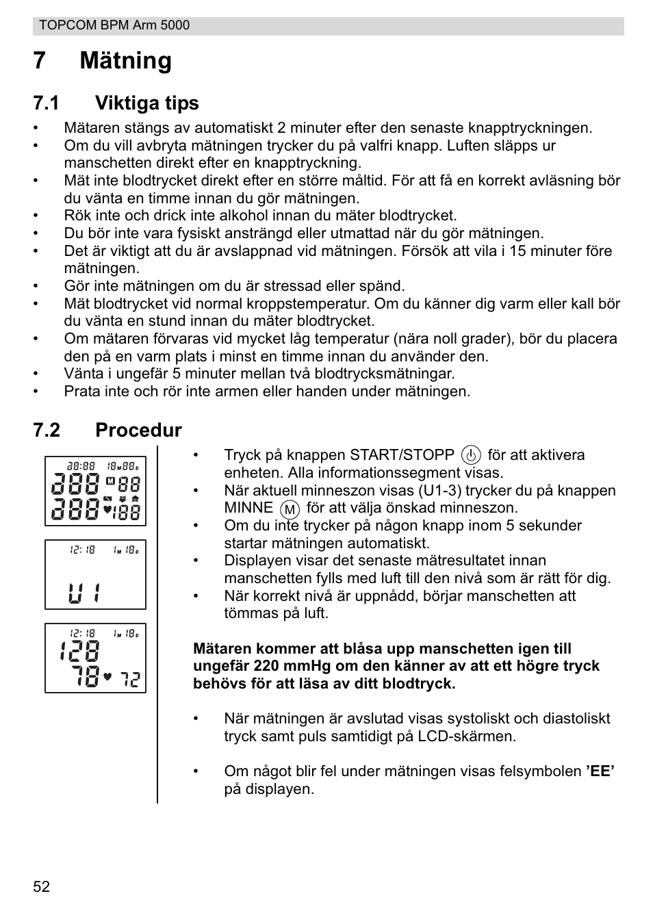 7mätning, 1 viktiga tips, 2 procedur | Topcom BPM ARM 5000 User Manual | Page 52 / 160