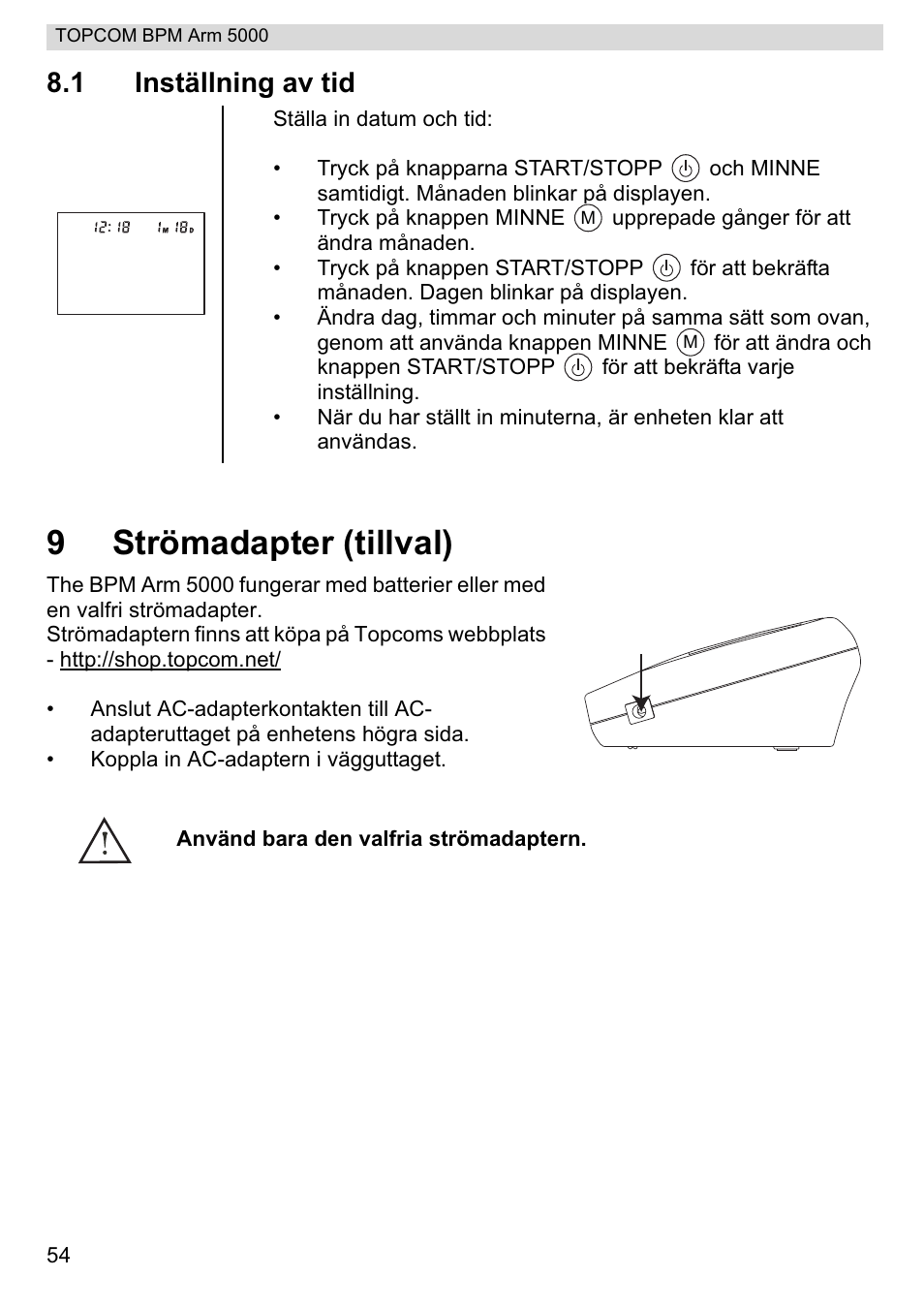 9strömadapter (tillval), 1 inställning av tid | Topcom BPM ARM 5000 User Manual | Page 54 / 160