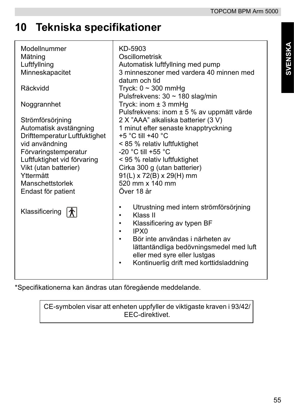 10 tekniska specifikationer | Topcom BPM ARM 5000 User Manual | Page 55 / 160