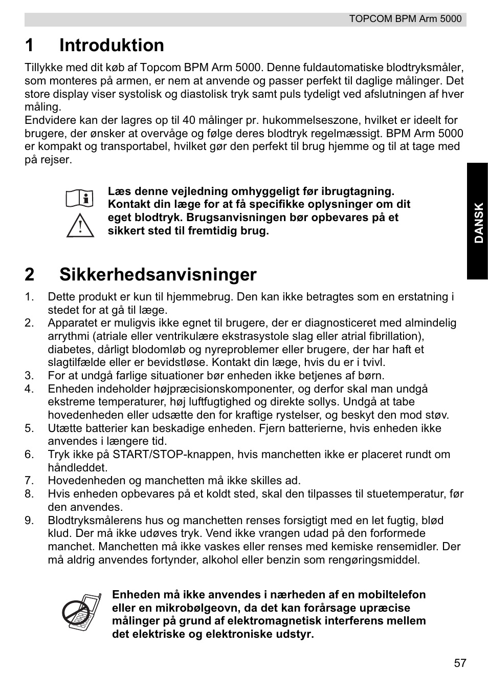 1introduktion, 2sikkerhedsanvisninger | Topcom BPM ARM 5000 User Manual | Page 57 / 160