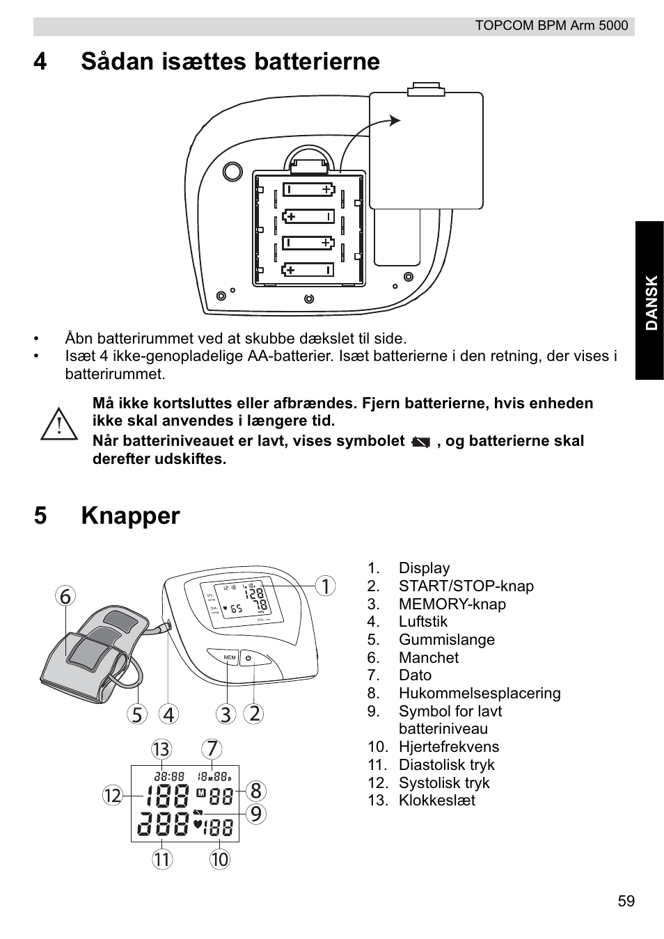 4sådan isættes batterierne, 5knapper | Topcom BPM ARM 5000 User Manual | Page 59 / 160