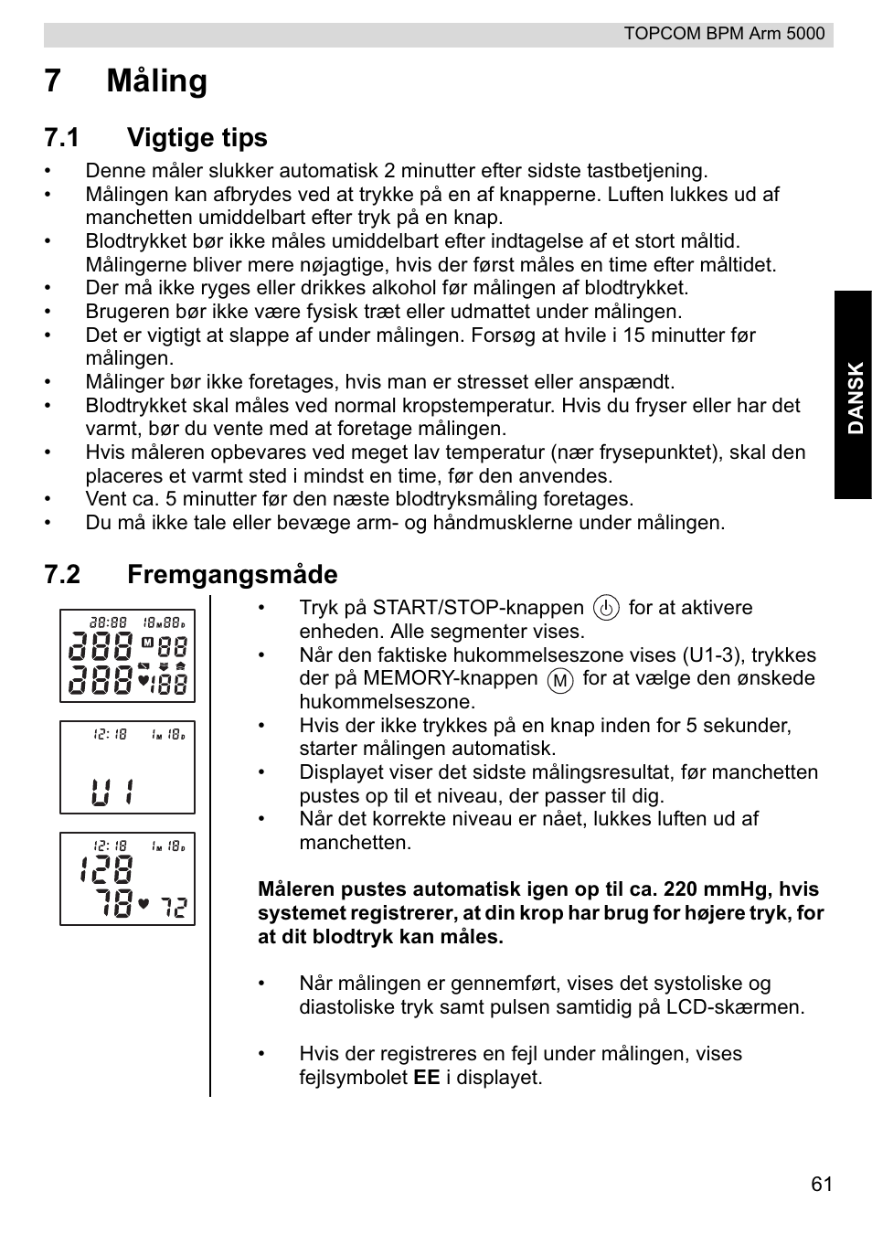 7måling, 1 vigtige tips, 2 fremgangsmåde | Topcom BPM ARM 5000 User Manual | Page 61 / 160