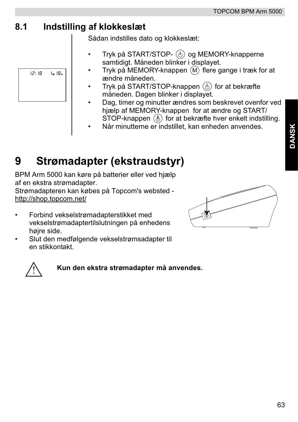 9strømadapter (ekstraudstyr), 1 indstilling af klokkeslæt | Topcom BPM ARM 5000 User Manual | Page 63 / 160