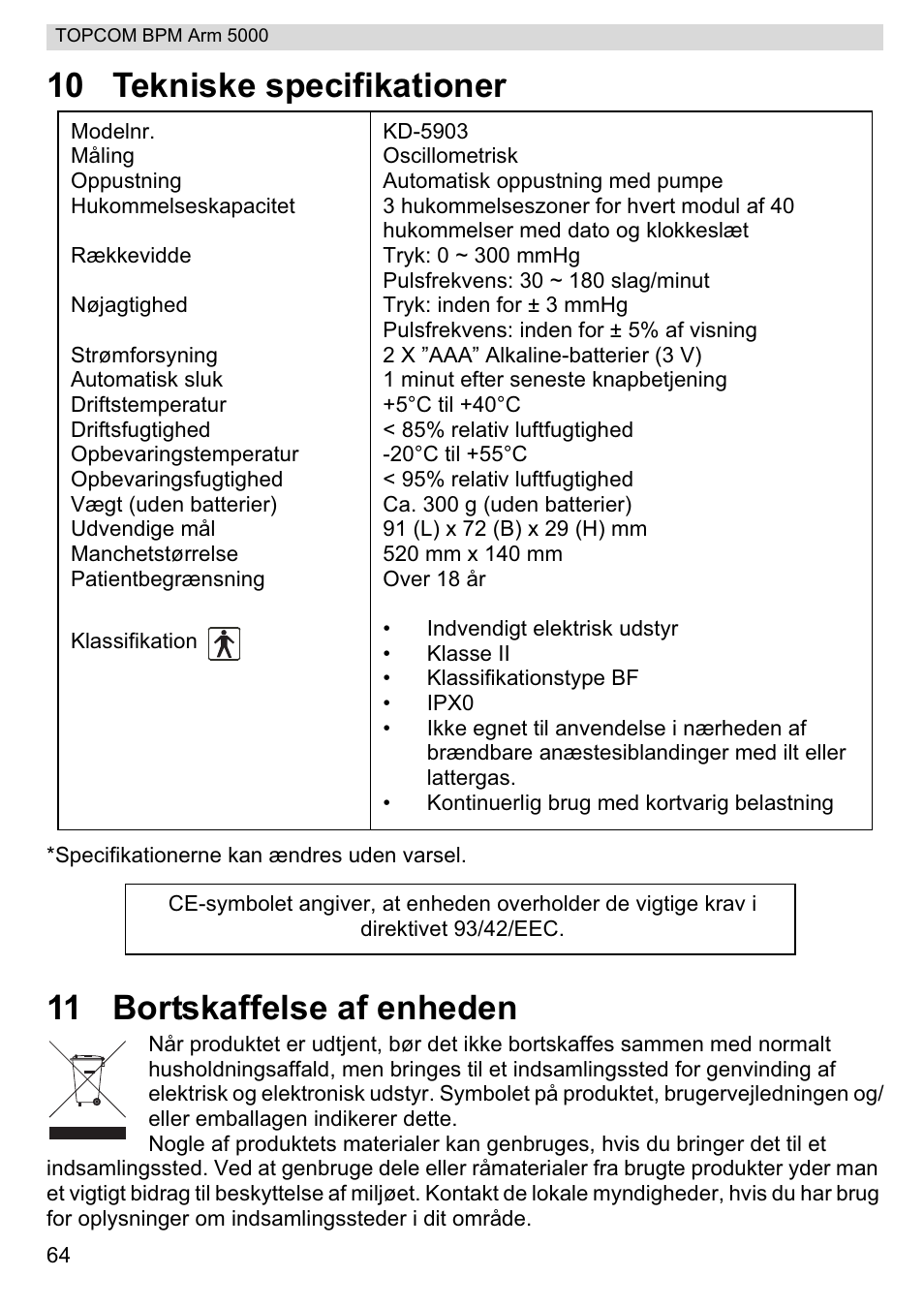 10 tekniske specifikationer, 11 bortskaffelse af enheden | Topcom BPM ARM 5000 User Manual | Page 64 / 160