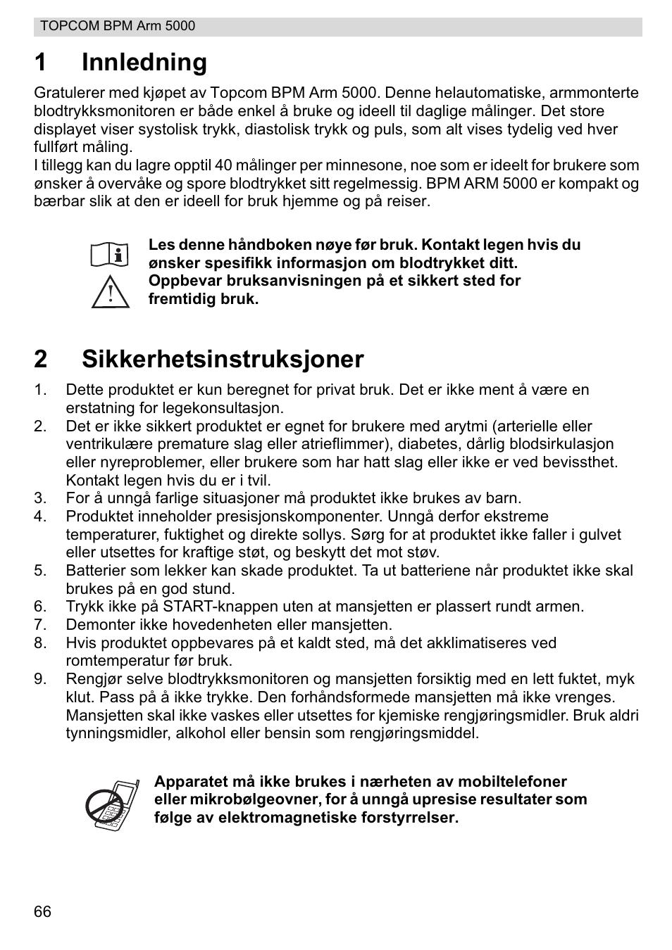 1innledning, 2sikkerhetsinstruksjoner | Topcom BPM ARM 5000 User Manual | Page 66 / 160