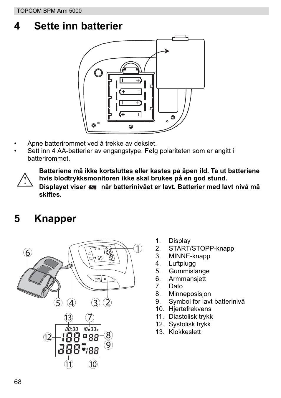 4sette inn batterier, 5knapper | Topcom BPM ARM 5000 User Manual | Page 68 / 160