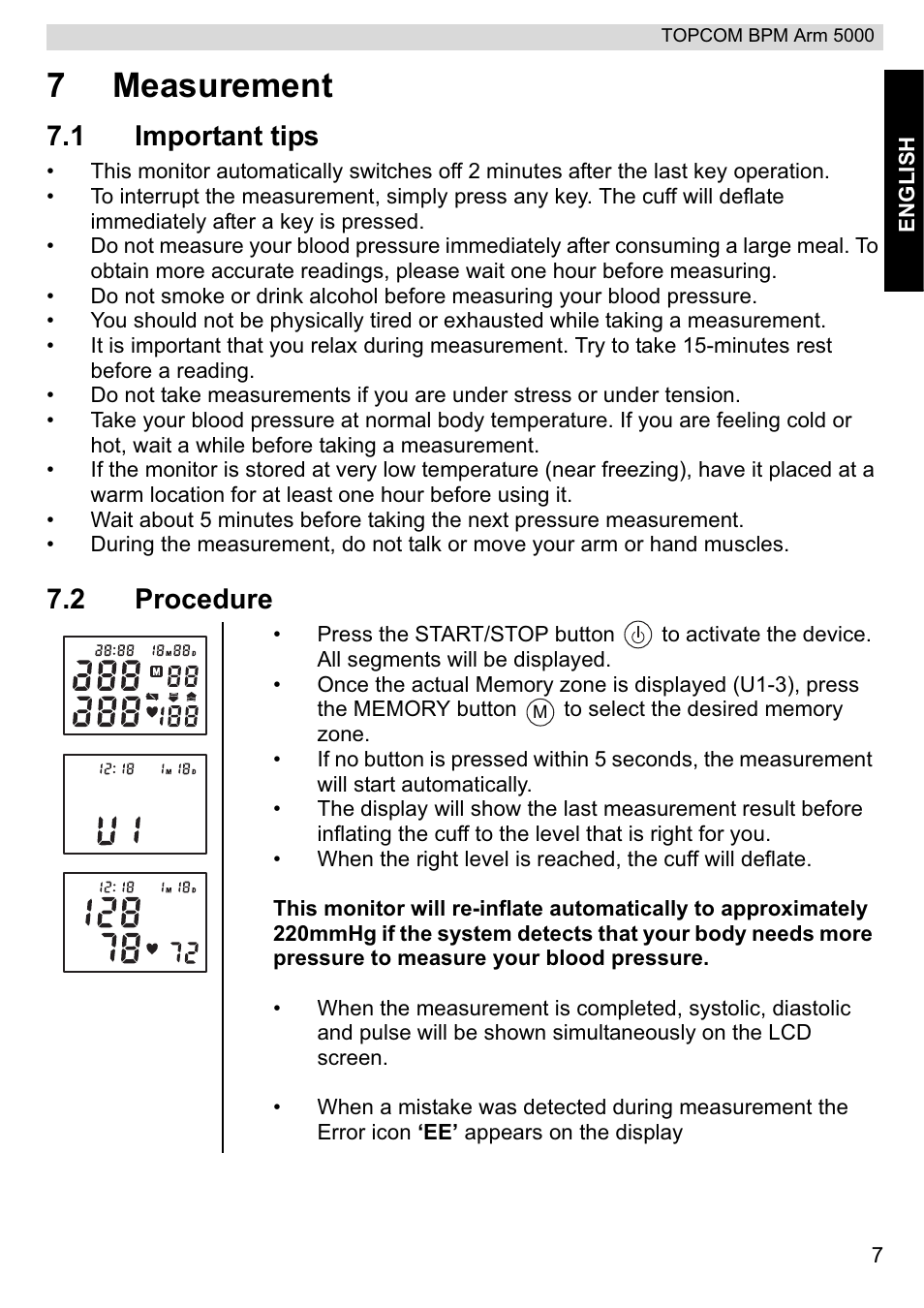 7measurement, 1 important tips, 2 procedure | Topcom BPM ARM 5000 User Manual | Page 7 / 160