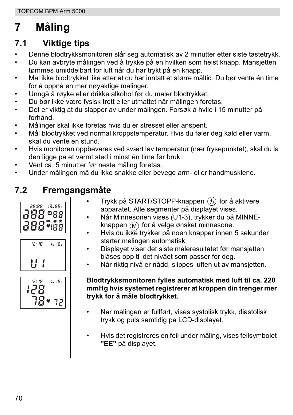 7måling, 1 viktige tips, 2 fremgangsmåte | Topcom BPM ARM 5000 User Manual | Page 70 / 160