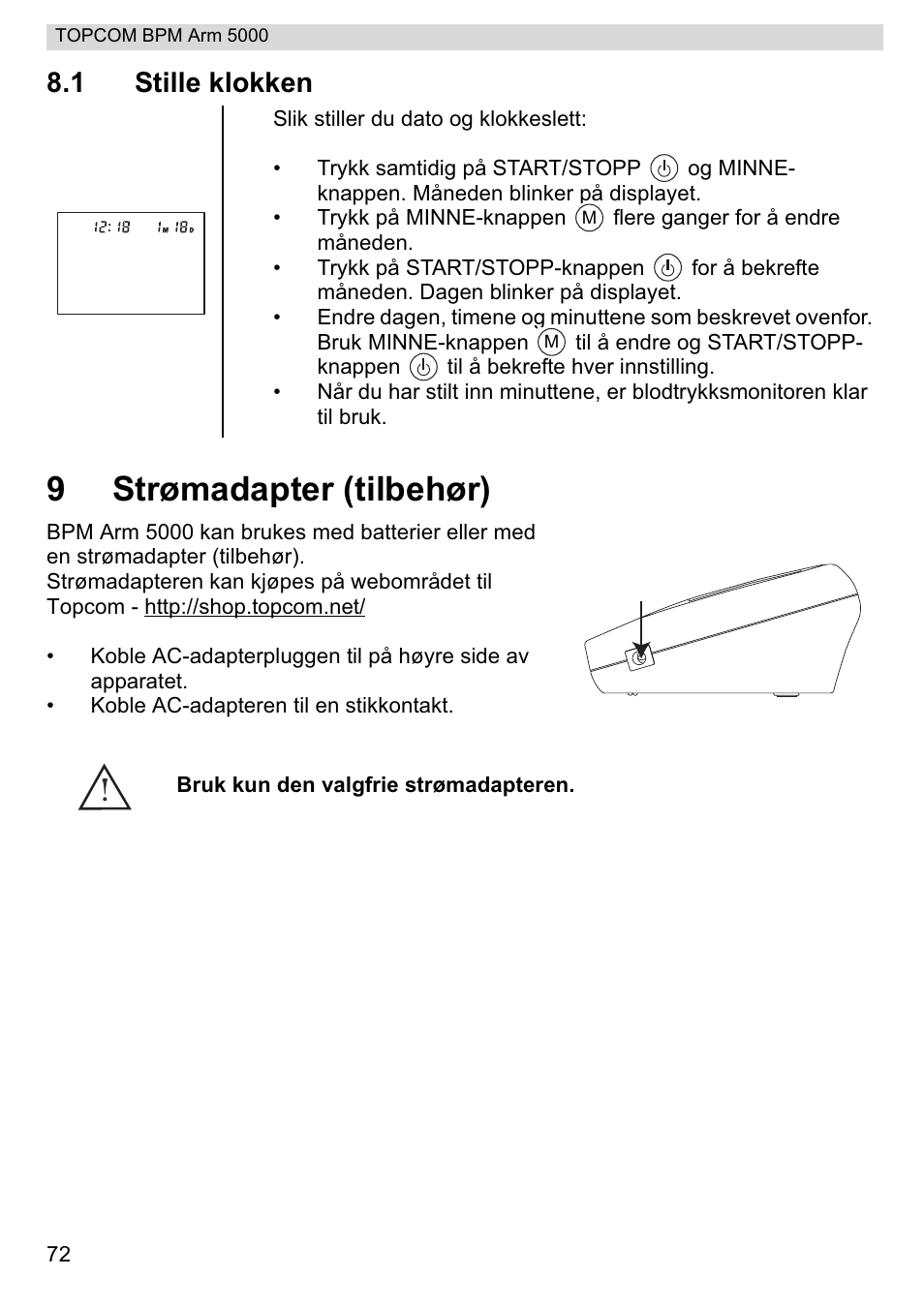 9strømadapter (tilbehør), 1 stille klokken | Topcom BPM ARM 5000 User Manual | Page 72 / 160