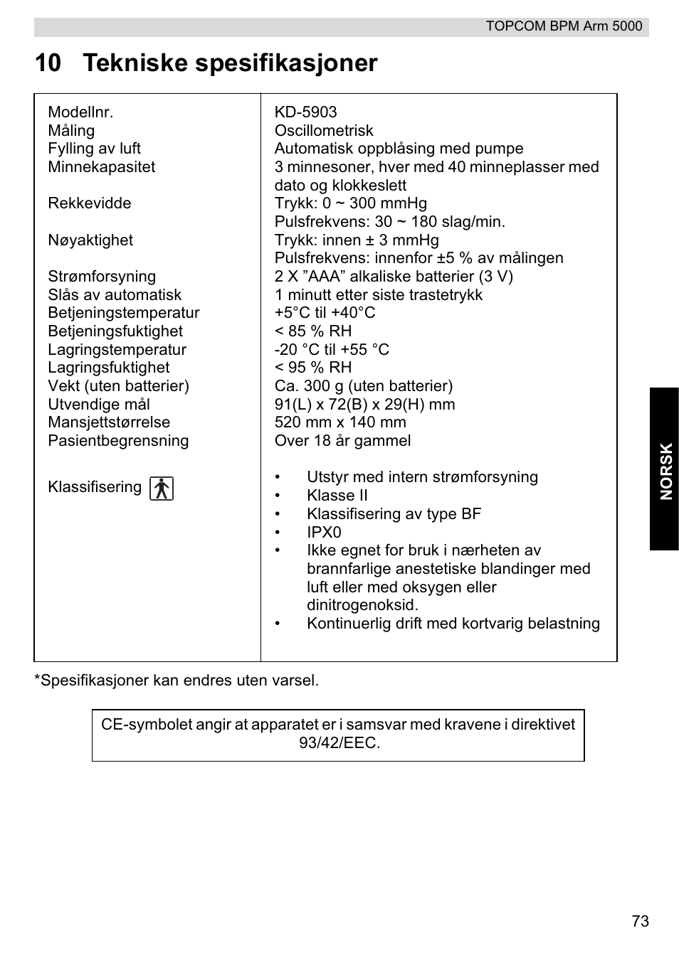 10 tekniske spesifikasjoner | Topcom BPM ARM 5000 User Manual | Page 73 / 160