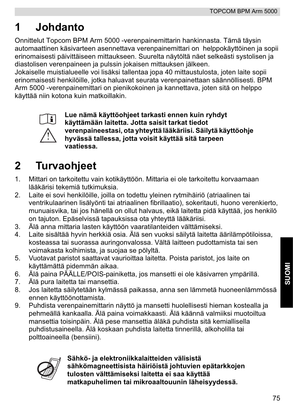 1johdanto, 2turvaohjeet | Topcom BPM ARM 5000 User Manual | Page 75 / 160